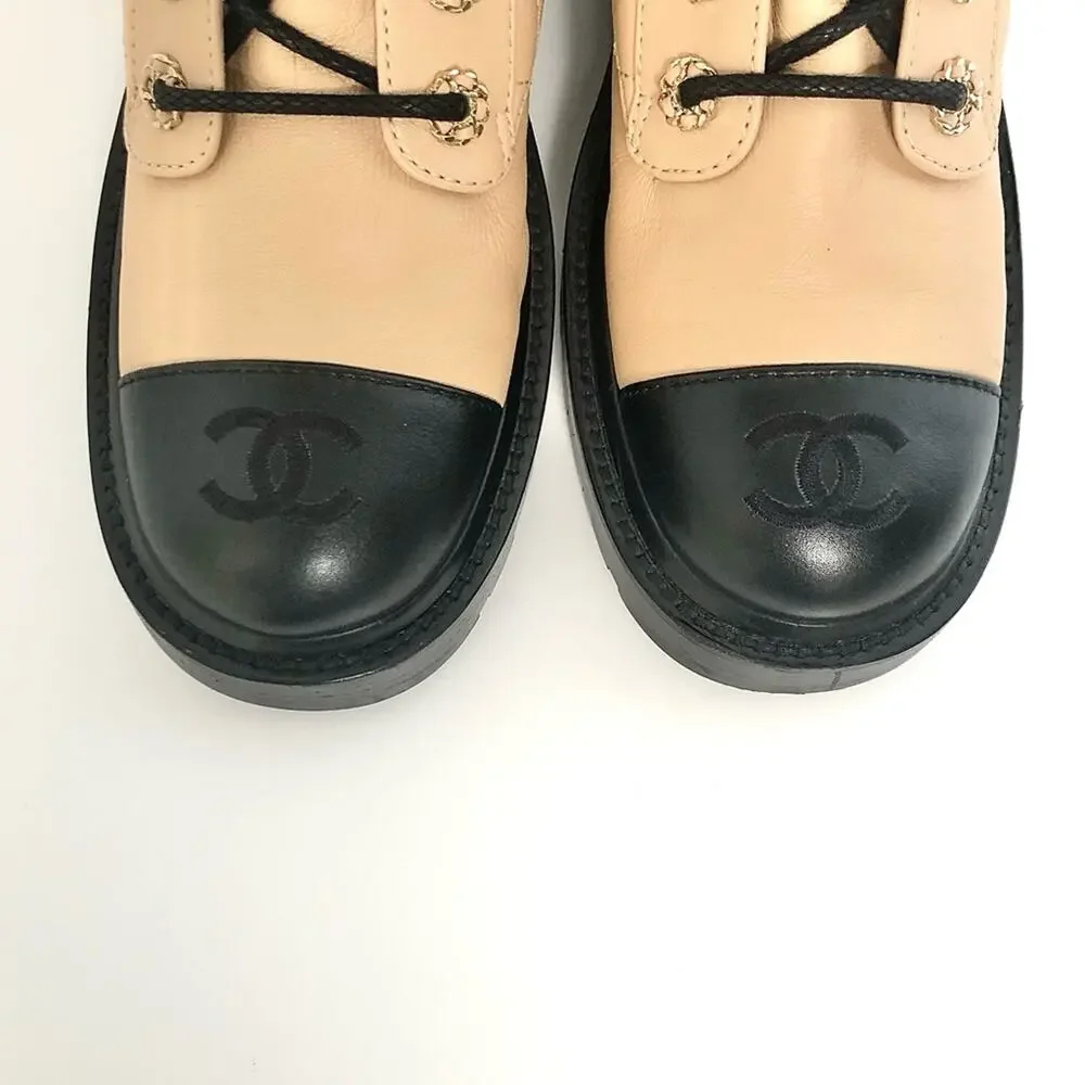 Chanel Quilted CC Chain Brave Lambskin Calfskin Cap Toe Combat Short Boots 37